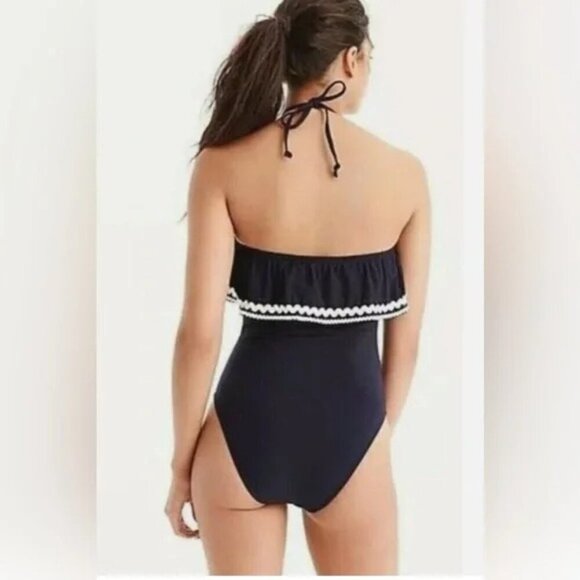 J.Crew Rickrack Ruffle Bandeau One Piece Swimsuit Womens Size 4 Navy Tie Neck - Picture 2 of 10